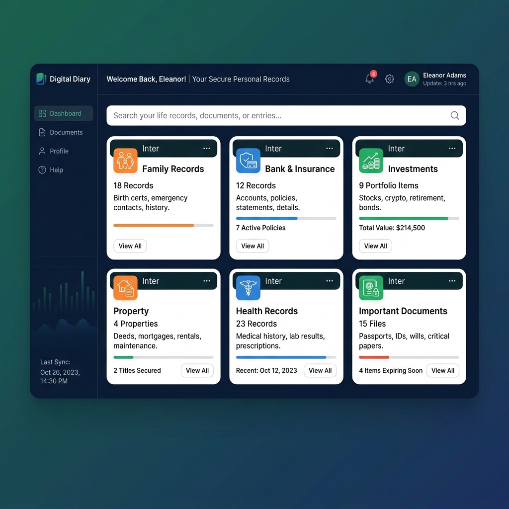 Digital Diary ”” structured record management dashboard showing categories for family, financial, medical, insurance and document records