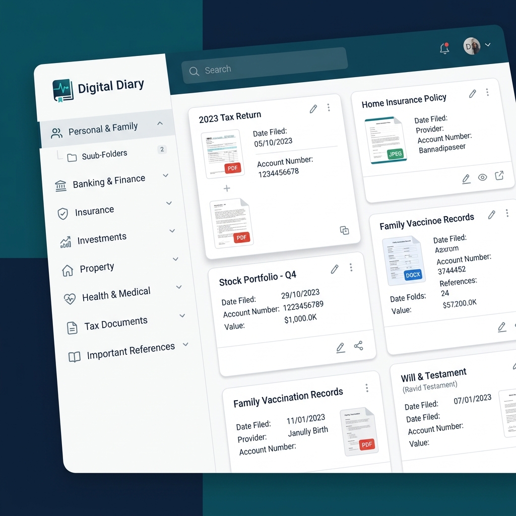 Digital Diary desktop application showing organized record categories including family, banking, insurance, investments, health and documents